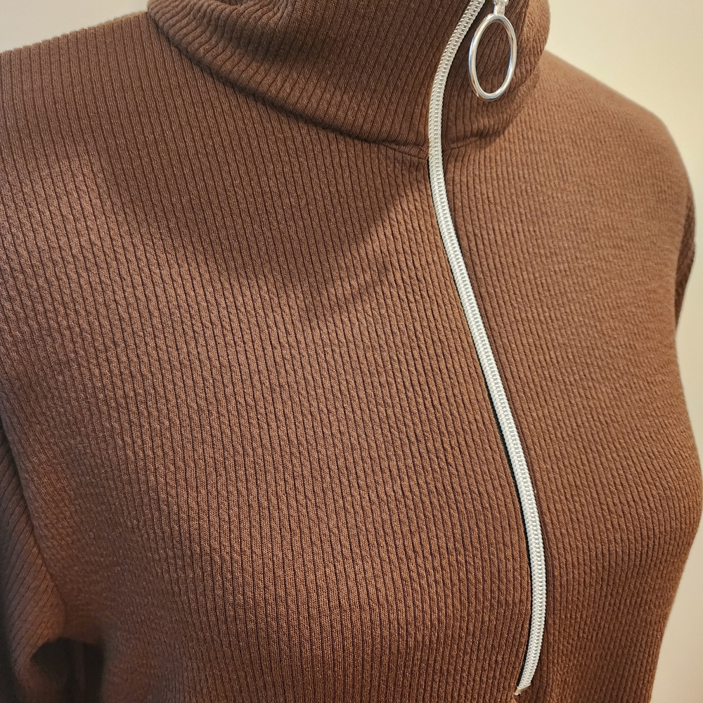 Brown Ribbed Turtleneck Sweater dress.